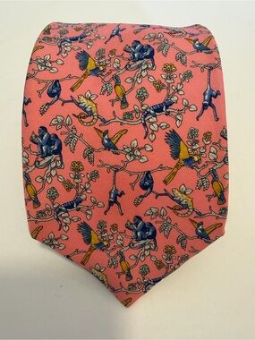 Alain Figaret Paris Luxury Silk Tie Pink Monkey Parrot Iguana